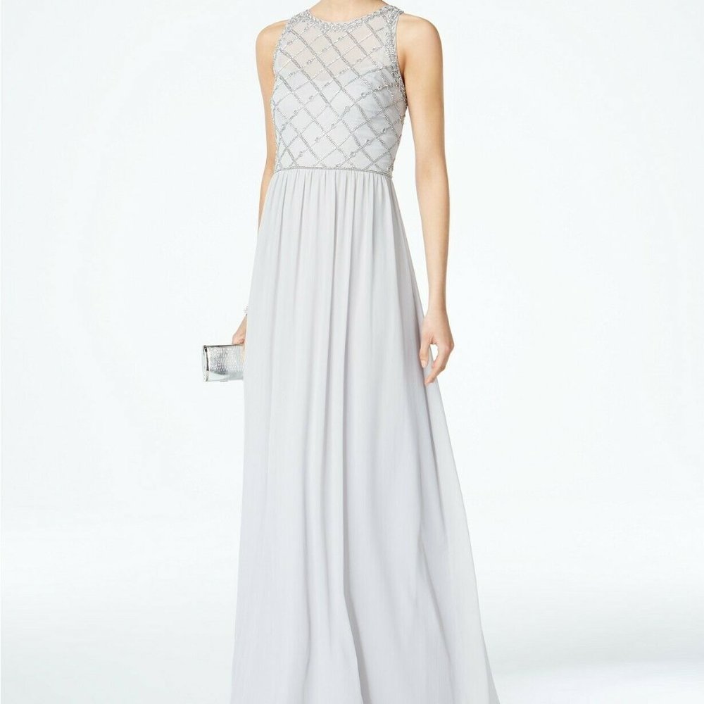 XS Adrianna Papell Beaded Maxi Sleeveless A-Line dress in Gray